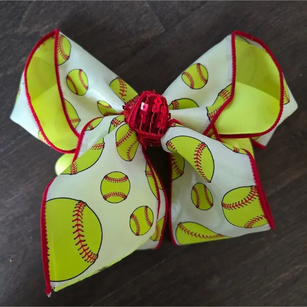 Handmade Pony Tail Softball Bow and Softball Hair Accessories Bracelet